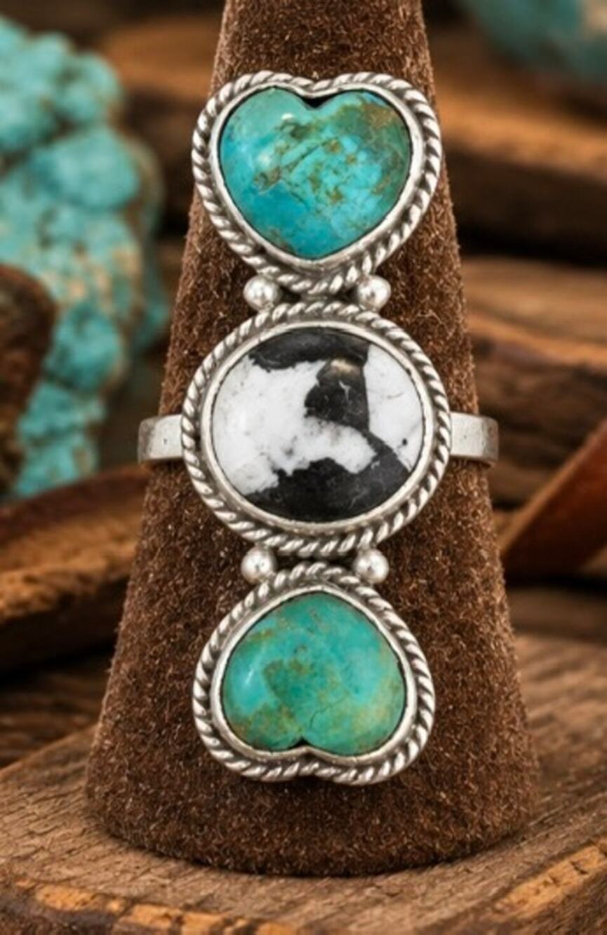 Southwestern Kingman Turquoise & White Buffalo Three-Stone Crawler Ring | 925 SS